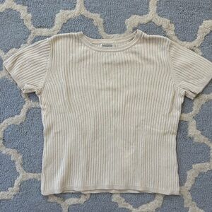 Vintage 90s classic elements small Ribbed Knit Top cream Short Sleeve Sweater